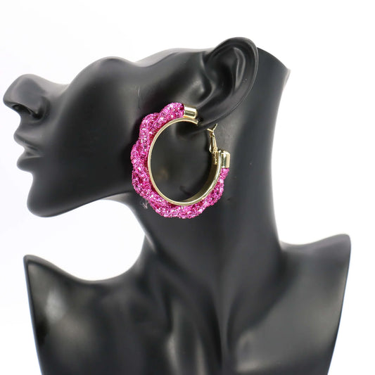 Pink Medium Twisted Bling Hoops